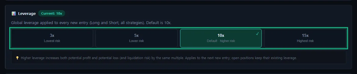 Screenshot: Settings — leverage